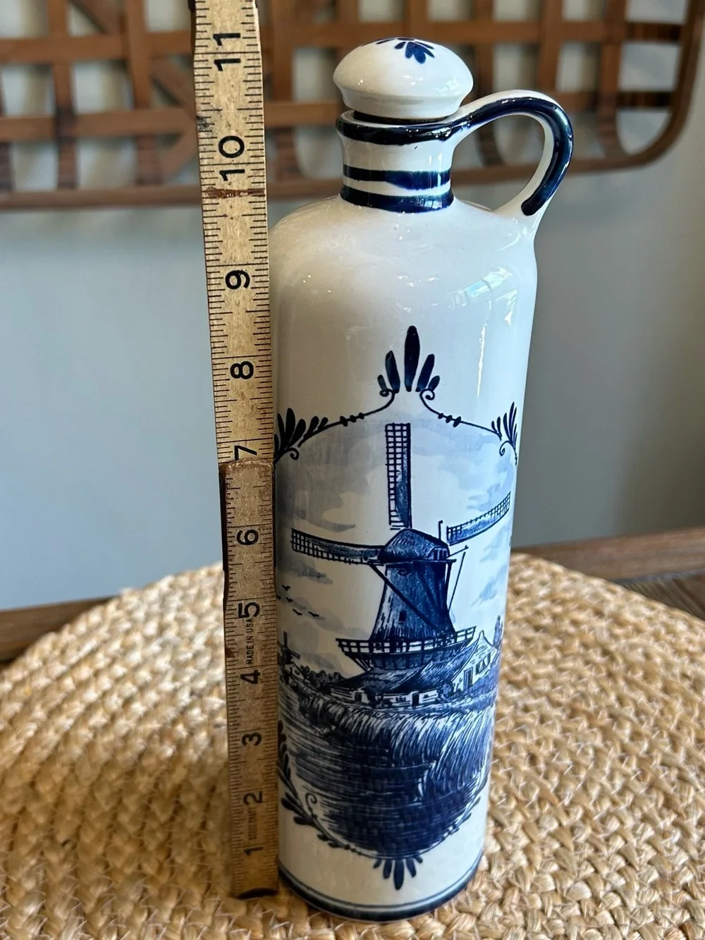 Vintage Blue & White Delft Decanter Wine Bottle with Cork Windmill Motif